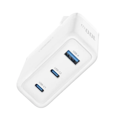 Universal φορτιστής GaN 100W με 3 εξόδους 2x USB-C και 1x USB-A, fast charging, σε λευκό χρώμα