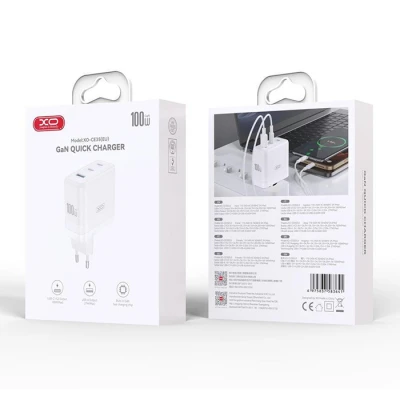 Universal φορτιστής GaN 100W με 3 εξόδους 2x USB-C και 1x USB-A, fast charging, σε λευκό χρώμα