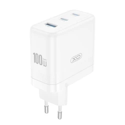 Universal φορτιστής GaN 100W με 3 εξόδους 2x USB-C και 1x USB-A, fast charging, σε λευκό χρώμα