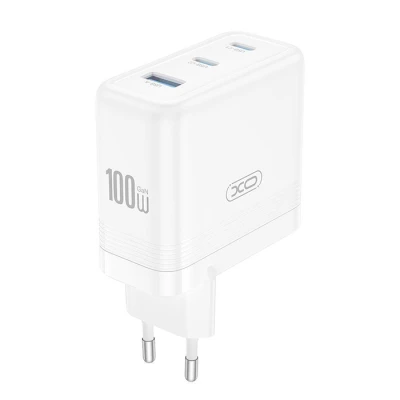 Universal φορτιστής GaN 100W με 3 εξόδους 2x USB-C και 1x USB-A, fast charging, σε λευκό χρώμα