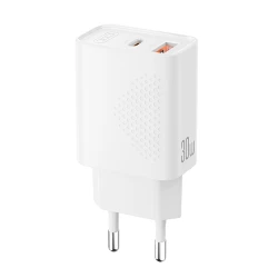 Φορτιστής τοίχου 2 θυρών USB-A & USB-C PD30W/QC18W με γρήγορη φόρτιση σε λευκό χρώμα