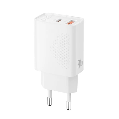 Universal φορτιστής 2 εξόδων USB-A και USB-C PD20W/QC18W σε λευκό χρώμα