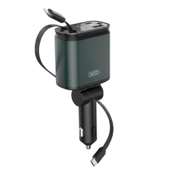 Φορτιστής αυτοκινήτου universal 45W με 2 θύρες USB-A/USB-C και 2 ενσωματωμένα αναδιπλούμενα καλώδια Lightning/USB-C σε σκούρο πράσινο-μαύρο