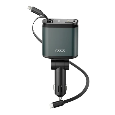 Φορτιστής αυτοκινήτου universal 45W με 2 θύρες USB-A/USB-C και 2 ενσωματωμένα αναδιπλούμενα καλώδια Lightning/USB-C σε σκούρο πράσινο-μαύρο