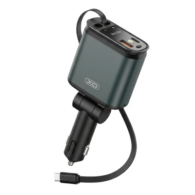 Φορτιστής αυτοκινήτου universal 45W με 2 θύρες USB-A/USB-C και 2 ενσωματωμένα αναδιπλούμενα καλώδια Lightning/USB-C σε σκούρο πράσινο-μαύρο