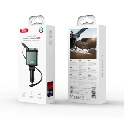 Φορτιστής αυτοκινήτου universal 45W με 2 θύρες USB-A/USB-C και 2 ενσωματωμένα αναδιπλούμενα καλώδια Lightning/USB-C σε σκούρο πράσινο-μαύρο