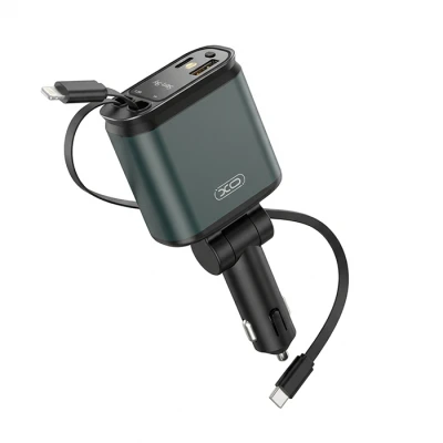 Φορτιστής αυτοκινήτου universal 45W με 2 θύρες USB-A/USB-C και 2 ενσωματωμένα αναδιπλούμενα καλώδια Lightning/USB-C σε σκούρο πράσινο-μαύρο