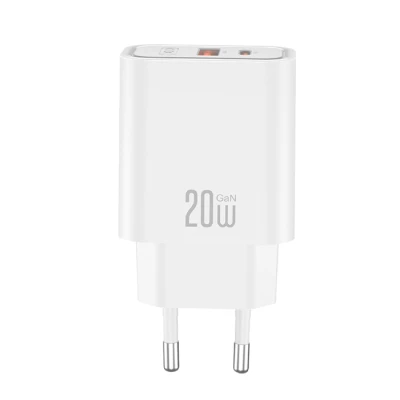 Universal φορτιστής 20W GaN με 1x USB-A και 1x USB-C σε λευκό χρώμα