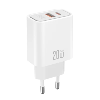 Universal φορτιστής 20W GaN με 1x USB-A και 1x USB-C σε λευκό χρώμα