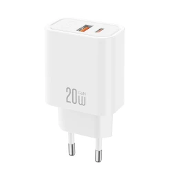 Universal φορτιστής 20W GaN με 1x USB-A και 1x USB-C σε λευκό χρώμα