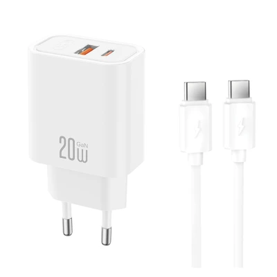 Φορτιστής GaN 20W με 1x USB-C και 1x USB-A, αποσπώμενο καλώδιο USB Type-C, λευκός 249-0338