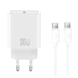 Φορτιστής USB-C GaN PD30W με αποσπώμενο καλώδιο USB-C σε USB-C 1m σε λευκό χρώμα