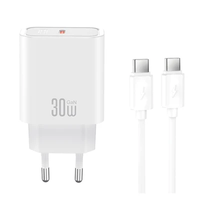 Φορτιστής USB-C GaN PD30W με αποσπώμενο καλώδιο USB-C σε USB-C 1m σε λευκό χρώμα