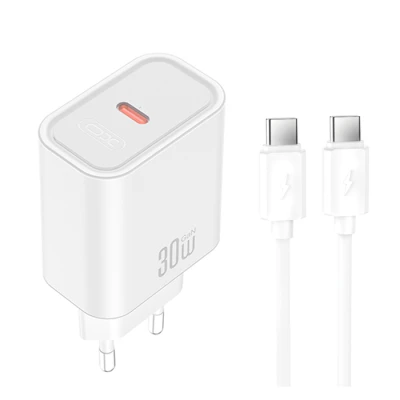 Φορτιστής USB-C GaN PD30W με αποσπώμενο καλώδιο USB-C σε USB-C 1m σε λευκό χρώμα
