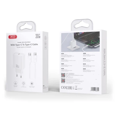 Φορτιστής USB-C GaN PD30W με αποσπώμενο καλώδιο USB-C σε USB-C 1m σε λευκό χρώμα