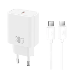 Φορτιστής USB-C GaN PD30W με αποσπώμενο καλώδιο USB-C σε USB-C 1m σε λευκό χρώμα