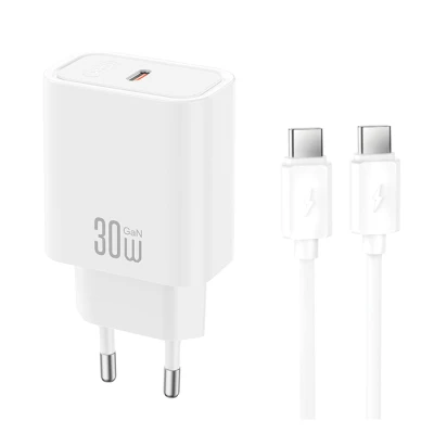 Φορτιστής USB-C GaN PD30W με αποσπώμενο καλώδιο USB-C σε USB-C 1m σε λευκό χρώμα