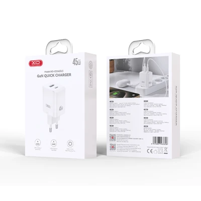 Universal φορτιστής GaN 2 εξόδων USB-A και USB-C PD45W σε λευκό χρώμα