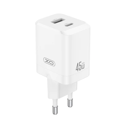 Universal φορτιστής GaN 2 εξόδων USB-A και USB-C PD45W σε λευκό χρώμα