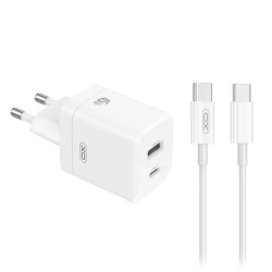 Φορτιστής GaN 45W με 1xUSB-A και 1xUSB-C, αποσπώμενο καλώδιο USB Type-C, λευκός