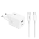 Φορτιστής GaN 45W με 1xUSB-A και 1xUSB-C, αποσπώμενο καλώδιο USB Type-C, λευκός