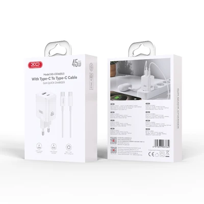 Φορτιστής GaN 45W με 1xUSB-A και 1xUSB-C, αποσπώμενο καλώδιο USB Type-C, λευκός