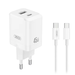 Φορτιστής GaN 45W με 1xUSB-A και 1xUSB-C, αποσπώμενο καλώδιο USB Type-C, λευκός