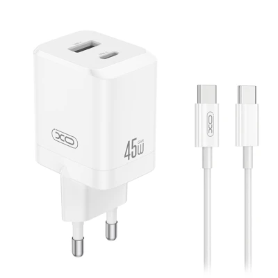 Φορτιστής GaN 45W με 1xUSB-A και 1xUSB-C, αποσπώμενο καλώδιο USB Type-C, λευκός