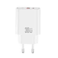 Universal φορτιστής GaN 30W με 1xUSB-A και 1xUSB-C, PD3.0, PPS, γρήγορη φόρτιση σε λευκό χρώμα Universal φορτιστής GaN 30W με 1xUSB-A και 1xUSB-C, PD3.0, PPS, γρήγορη φόρτιση σε λευκό χρώμα