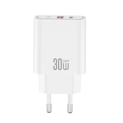 Universal φορτιστής GaN 30W με 1xUSB-A και 1xUSB-C, PD3.0, PPS, γρήγορη φόρτιση σε λευκό χρώμα
