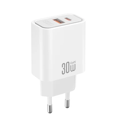 Universal φορτιστής GaN 30W με 1xUSB-A και 1xUSB-C, PD3.0, PPS, γρήγορη φόρτιση σε λευκό χρώμα