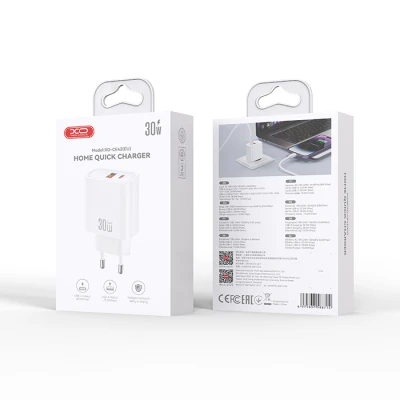 Universal φορτιστής GaN 30W με 1xUSB-A και 1xUSB-C, PD3.0, PPS, γρήγορη φόρτιση σε λευκό χρώμα