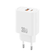 Universal φορτιστής GaN 30W με 1xUSB-A και 1xUSB-C, PD3.0, PPS, γρήγορη φόρτιση σε λευκό χρώμα