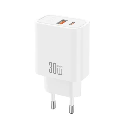 Universal φορτιστής GaN 30W με 1xUSB-A και 1xUSB-C, PD3.0, PPS, γρήγορη φόρτιση σε λευκό χρώμα
