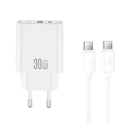 Φορτιστής GaN universal με 2 εξόδους 1xUSB-A & 1xUSB-C, PD30W, αποσπώμενο καλώδιο USB Type-C και λευκό χρώμα
