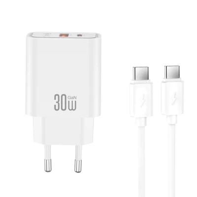 Φορτιστής GaN universal με 2 εξόδους 1xUSB-A & 1xUSB-C, PD30W, αποσπώμενο καλώδιο USB Type-C και λευκό χρώμα