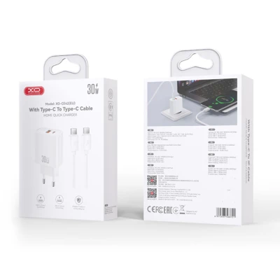 Φορτιστής GaN universal με 2 εξόδους 1xUSB-A & 1xUSB-C, PD30W, αποσπώμενο καλώδιο USB Type-C και λευκό χρώμα