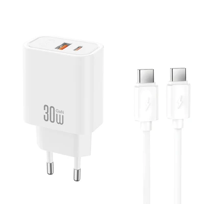 Φορτιστής GaN universal με 2 εξόδους 1xUSB-A & 1xUSB-C, PD30W, αποσπώμενο καλώδιο USB Type-C και λευκό χρώμα