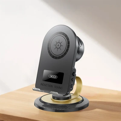 Βάση κινητού με επαγωγικό ηχείο, Bluetooth 5.3 και ασύρματη φόρτιση 15W, περιστροφή 360° σε μαύρο χρώμα Βάση κινητού με επαγωγικό ηχείο, Bluetooth 5.3 και ασύρματη φόρτιση 15W, περιστροφή 360° σε μαύρο χρώμα
