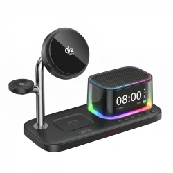 Σταθμός φόρτισης 25W για κινητό, smartwatch και ακουστικά με ηχείο, ρολόι και RGB LED σε μαύρο χρώμα