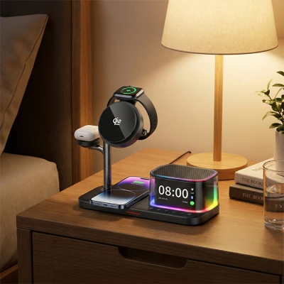 Σταθμός φόρτισης 25W για κινητό, smartwatch και ακουστικά με ηχείο, ρολόι και RGB LED σε μαύρο χρώμα Σταθμός φόρτισης 25W για κινητό, smartwatch και ακουστικά με ηχείο, ρολόι και RGB LED σε μαύρο χρώμα