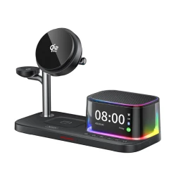 Σταθμός φόρτισης 25W για κινητό, smartwatch και ακουστικά με ηχείο, ρολόι και RGB LED σε μαύρο χρώμα
