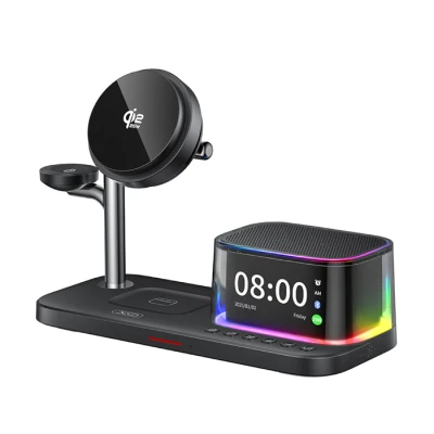 Σταθμός φόρτισης 25W για κινητό, smartwatch και ακουστικά με ηχείο, ρολόι και RGB LED σε μαύρο χρώμα Σταθμός φόρτισης 25W για κινητό, smartwatch και ακουστικά με ηχείο, ρολόι και RGB LED σε μαύρο χρώμα