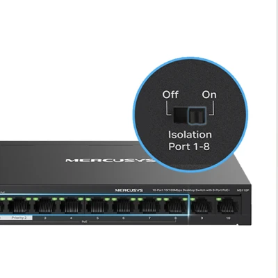 Switch Mercusys MS110P 10 θυρών 10/100Mbps desktop με 8 θύρες PoE+ και συνολική ισχύ 65W
