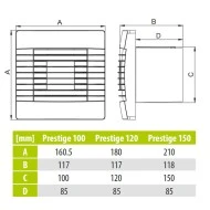 Εξαεριστήρας μπάνιου με διακόπτη Φ120mm 16W 126m³/h 46dB με περσίδα βαρύτητας airRoxy prestige 120