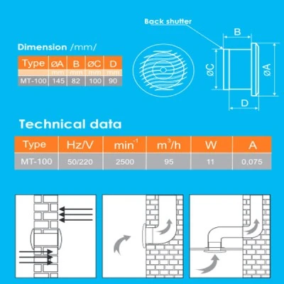 Εξαεριστήρας μπάνιου Φ100mm χρωμίου 11W στρογγυλός σειρά MTB-100 220V 95 m³/h Εξαεριστήρας μπάνιου Φ100mm χρωμίου 11W στρογγυλός σειρά MTB-100 220V 95 m³/h