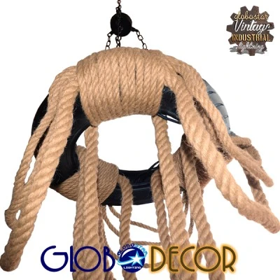 GloboStar® RUNNER 01115 Vintage Κρεμαστό Φωτιστικό Ανάρτηση Πολύφωτο 6 x E27 IP20 Μαύρο Πλαστικό με Μπεζ Σχοινί - Μ45 x Π45 x Υ60cm