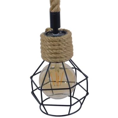 GloboStar® HELLET 01182 Vintage Industrial Κρεμαστό Φωτιστικό Οροφής Μονόφωτο 1 x E27 Μαύρο Μεταλλικό Πλέγμα με Μπεζ Σχοινί Φ16 x Y25cm