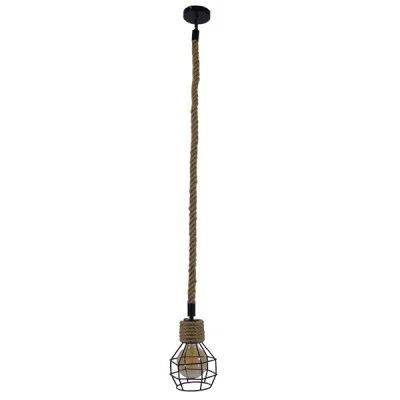 GloboStar® HELLET 01182 Vintage Industrial Κρεμαστό Φωτιστικό Οροφής Μονόφωτο 1 x E27 Μαύρο Μεταλλικό Πλέγμα με Μπεζ Σχοινί Φ16 x Y25cm