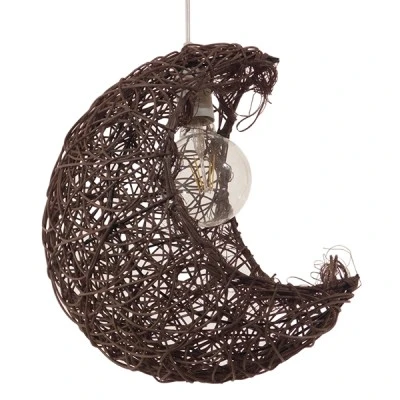 Boho κρεμαστό φωτιστικό CRESCENT μονόφωτο καφέ σκούρο ξύλινο ψάθινο RATTAN 1 x E27 AC 220-240V